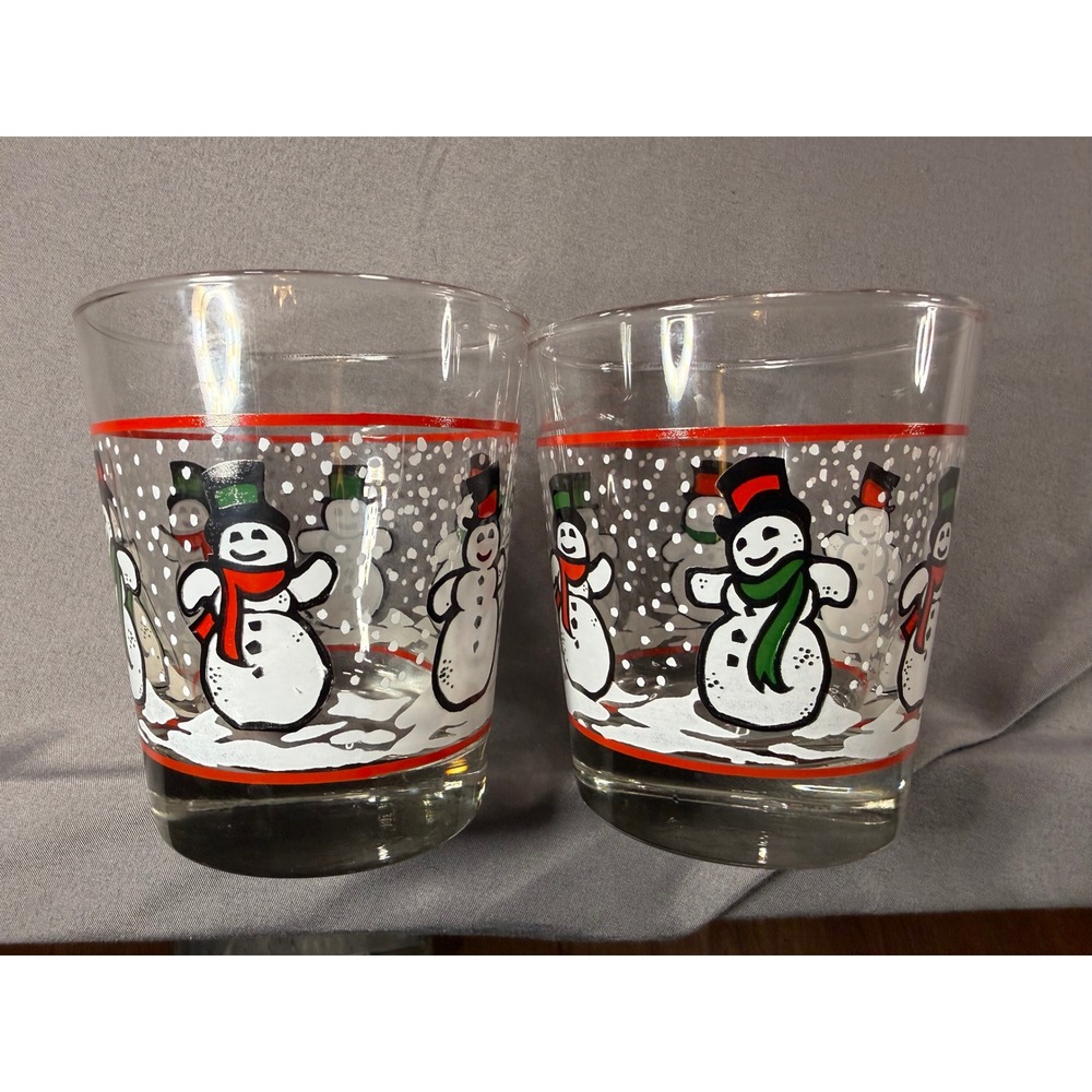 Vintage Snowman Christmas Lowball Glasses Set- Holiday Barware Clear Red White